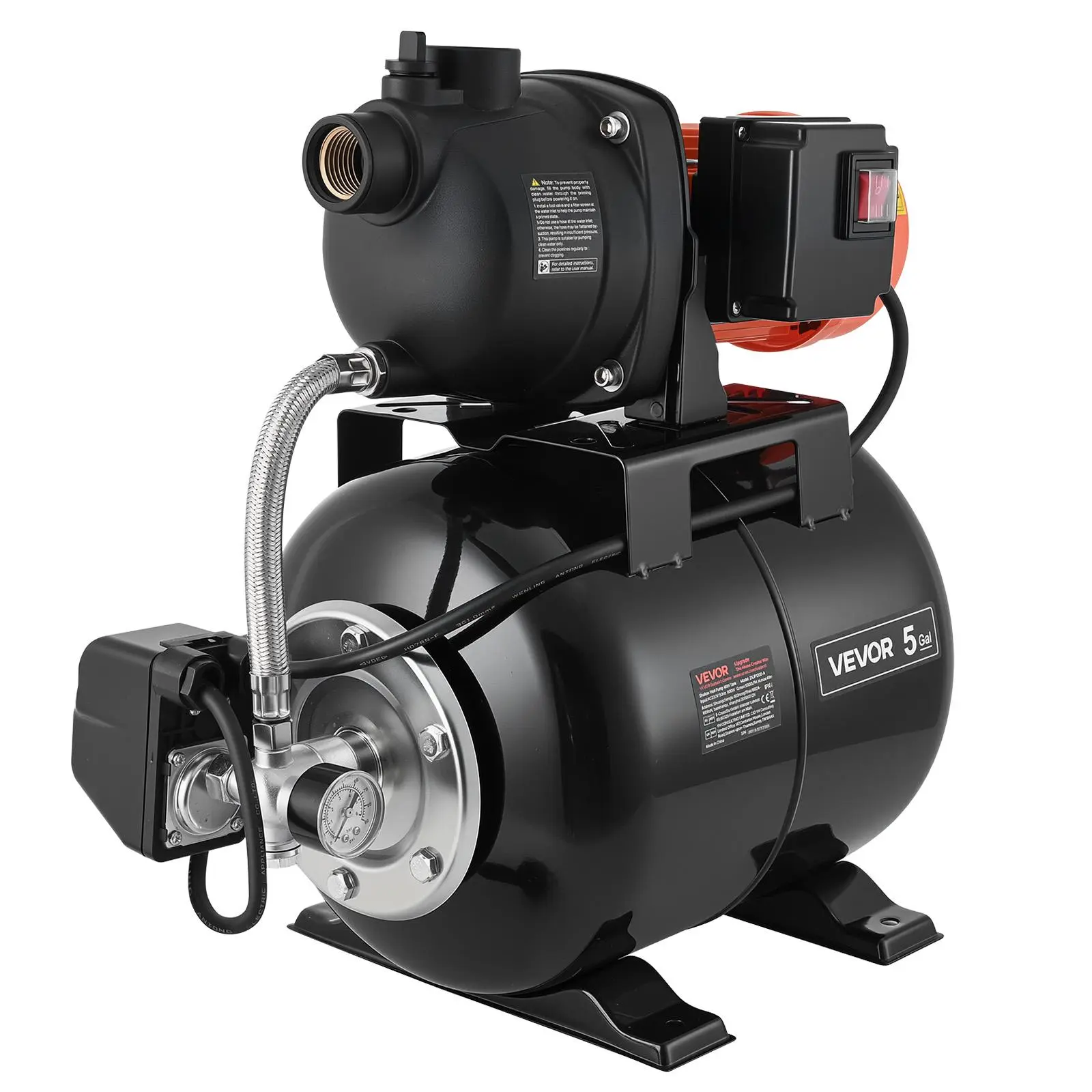 VEVOR 1.1 HP Shallow Well Jet Pump with 5-Gal Outdoor Pressure Tank, 120V 1320 GPH (5000 LPH) Flow, Automatic Pressure Control, 20/40 PSI Switch, Overload Protection, Plastic Pump, Easy Operation, Farm Water Transfer, Home Lawn Use