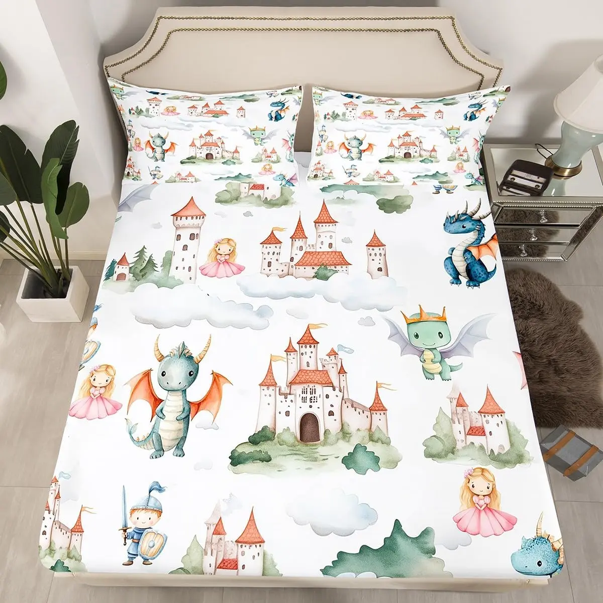 Cartoon Dragon Fitted Sheet,Western Animals Bedding Set Room Decor,Cloud Sky Castle Bed Sheet Cute Princess Knights Deep Pocket Sheet