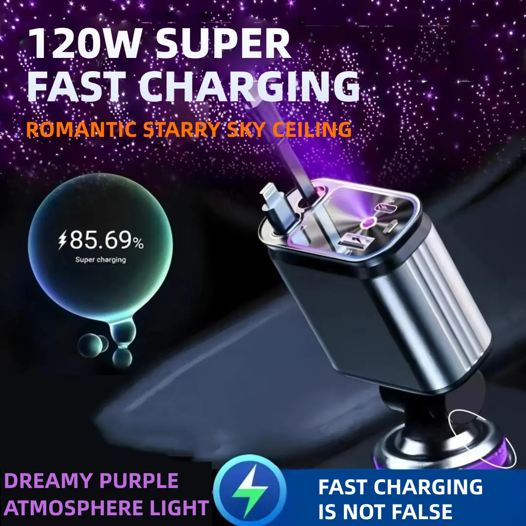 4-in-1 Retractable 120W Max Fast Charge Dual-Port Car Charger Star Ceiling Ambient Light Vehicle Accessories with Retractable Cable for iPhone 17 16 15 14 13 12 Pro Max Galaxy S23 Cars iPhone Charger Auto Parts Accessories Carplay Adapter High Speed Charg