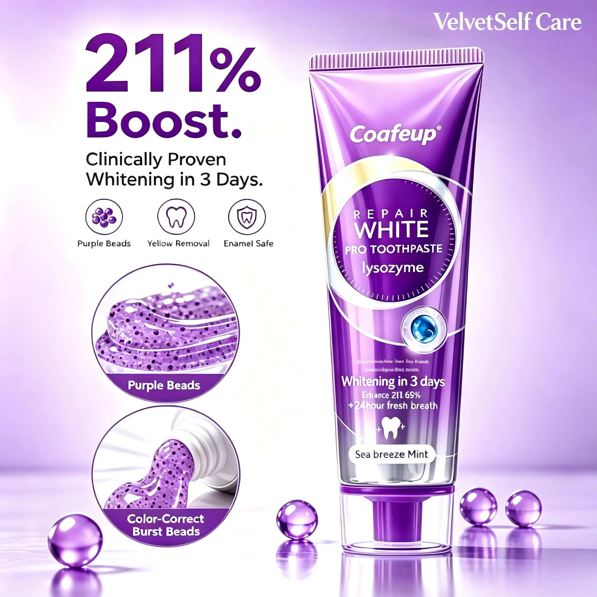 VelvetSelf Care Pro Lysozyme Series Dental Whitening Toothpaste, Upgraded Purple Paste, Passion Mint Flavor, Bad Breath Prevention, Long-Lasting Oral Freshness