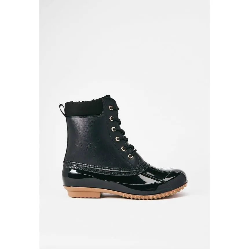 JUST FAB Women Duck Boot Trendy Glossy Toe Duck Boots | Casual All‑Weather Lace‑Up Outdoor Ankle Boots