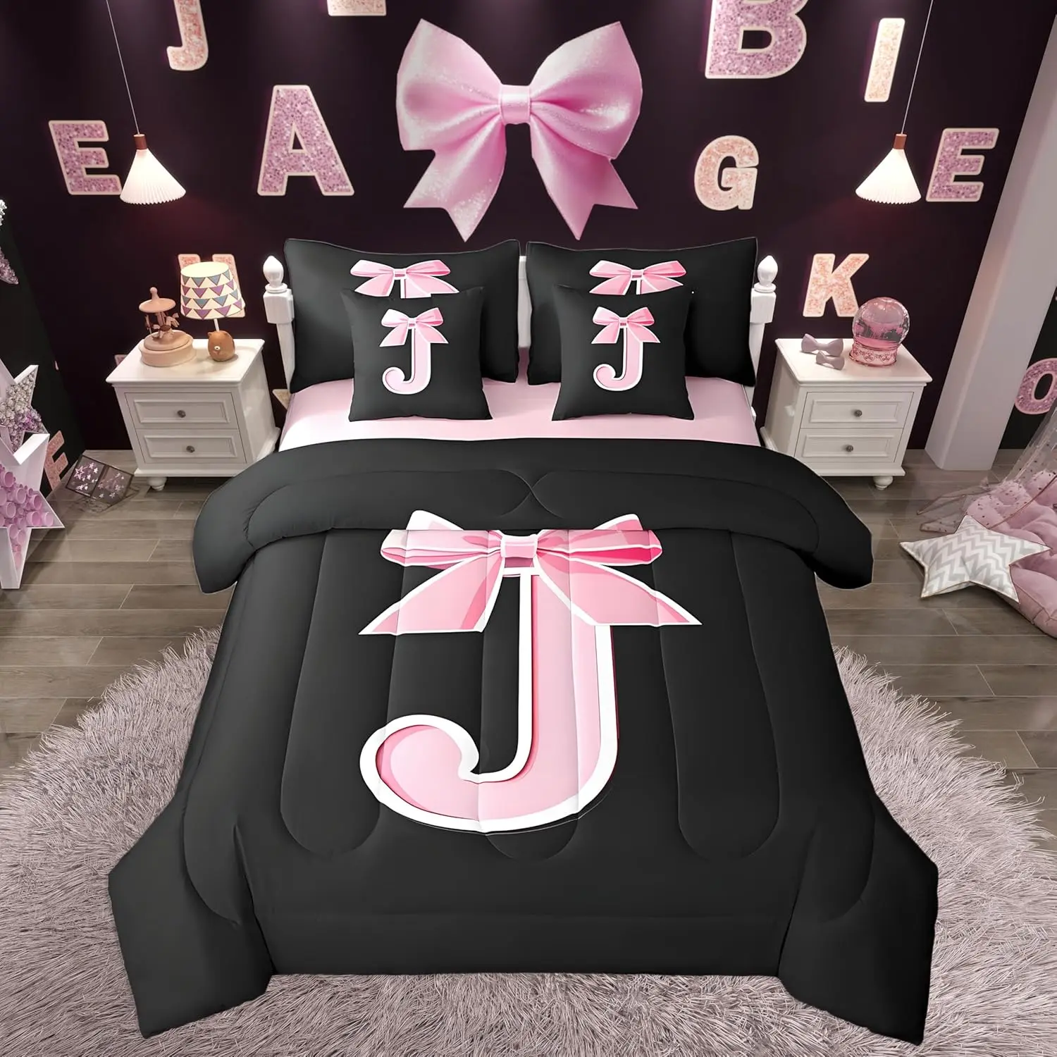Kids Black Pink Bow Comforter Set with Sheets Monogrammed 7 Piece Bedding Set Personalized Initial J Bed in a Bag with Comforter,Sheets,Pillowcases Modern Fashion Bed Set