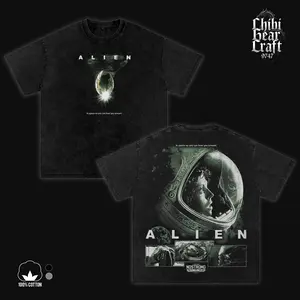 Alien 1979 Xenomorph Big Chap Perfect Organism Shirt Ridley Scott Nostromo H.R. Giger Gigeresque Art Vintage Washed Oversized T-Shirt Hoodie Sci-Fi Horror Movie Graphic Tee Faded Dark Blue Monochrome Streetwear Merch Y2K Gift For Film Fan Clothes