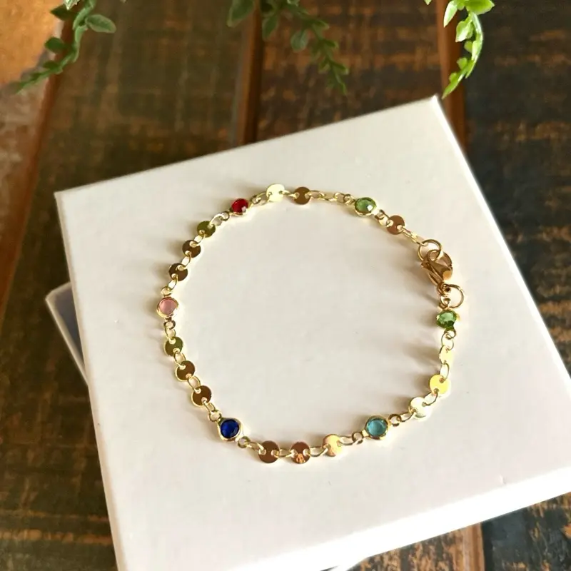 Multicolor Sequin Gold Chain Bracelet Gold Plated Stainless Steel with Colorful Sequin for Women