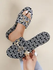 Women's Fashion Casual Comfort Solid Color Open-Toe Letter Print Slip-On Flat Sandals, PU Leather, Rubber Sole, Less Than Ankle Height, Boho Style Sandals