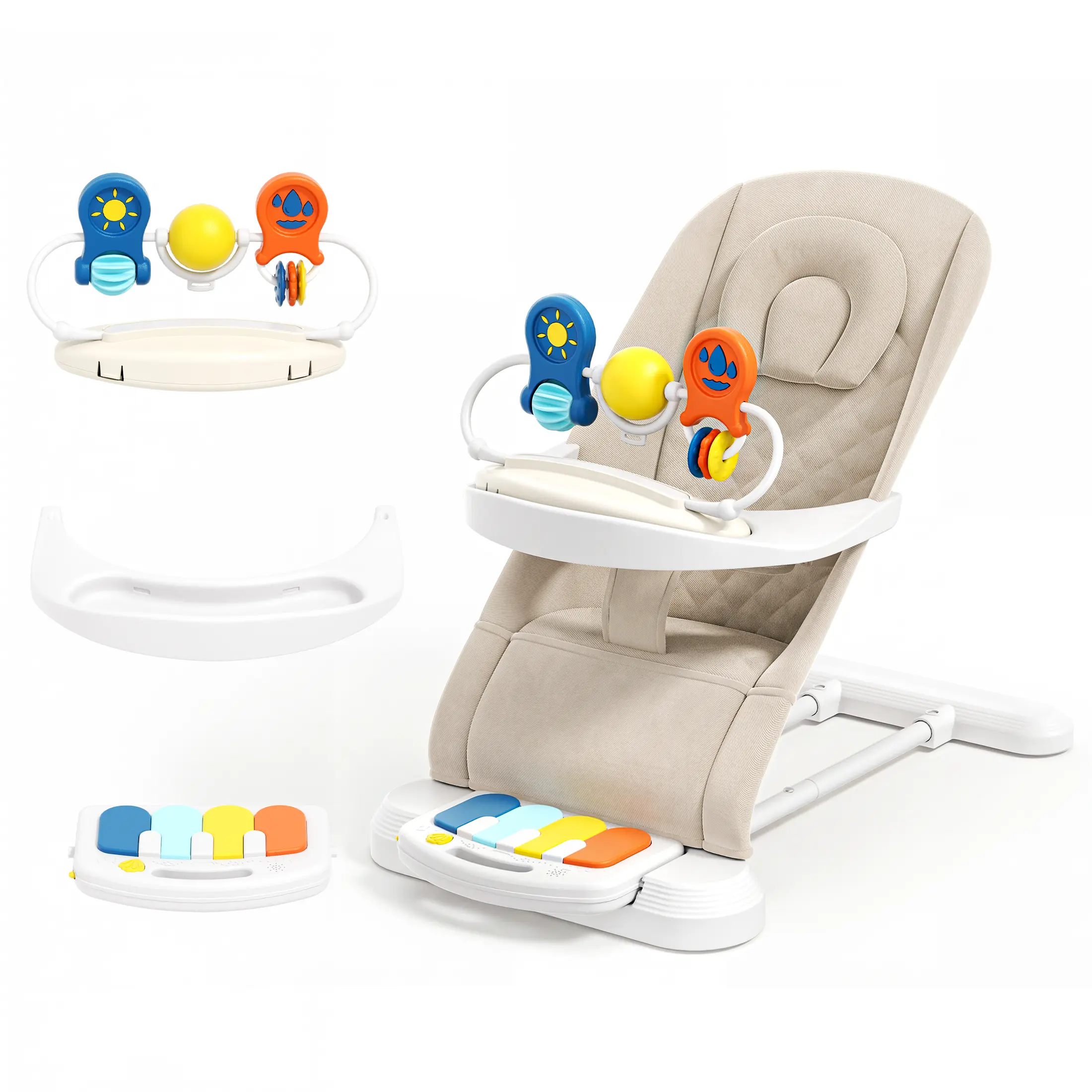 BabyBond 4-in-1 Baby Bouncer with Detachable Piano, Feeding Tray & Play Bar | Battery-Free, 3-Level Recline Foldable Seat for Infant Toddler 0-24 Months, Up to 29Lbs, Mothersdaygift, #Summervibes