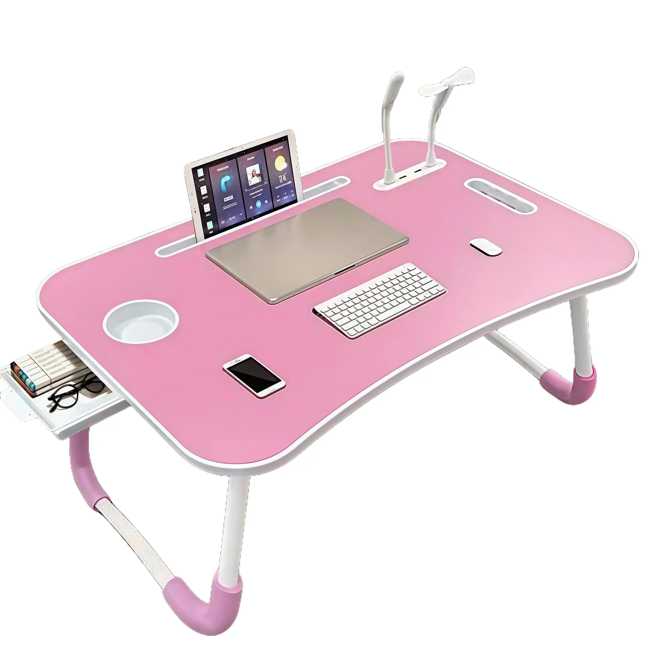 Lap Desk with Tablet Slot, Foldable Laptop Table with Storage Drawer for Bed，Portable Bed Desk for Laptop, Computer Tray with Cup Holder Notebook Stand Reading Holder for Couch Floor, Folding Lap Desk
