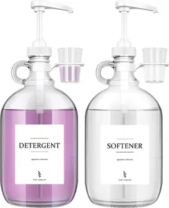 2 count Glass Liquid Laundry Detergent Dispenser with Cup Holders, Half Gallon Dispenser for Laundry Room (64 oz. Each), Laundry Detergent Bottles with Pump Dispenser -Includes Labels, Measuring Cups