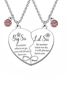 Big Sis Little Sis Letter Pattern Heart Shaped Pendant Chain Necklaces, Love Heart Necklace, Rhinestone Decor Necklaces for Sister, Fashion Jewelry Accessories for Women As Gift