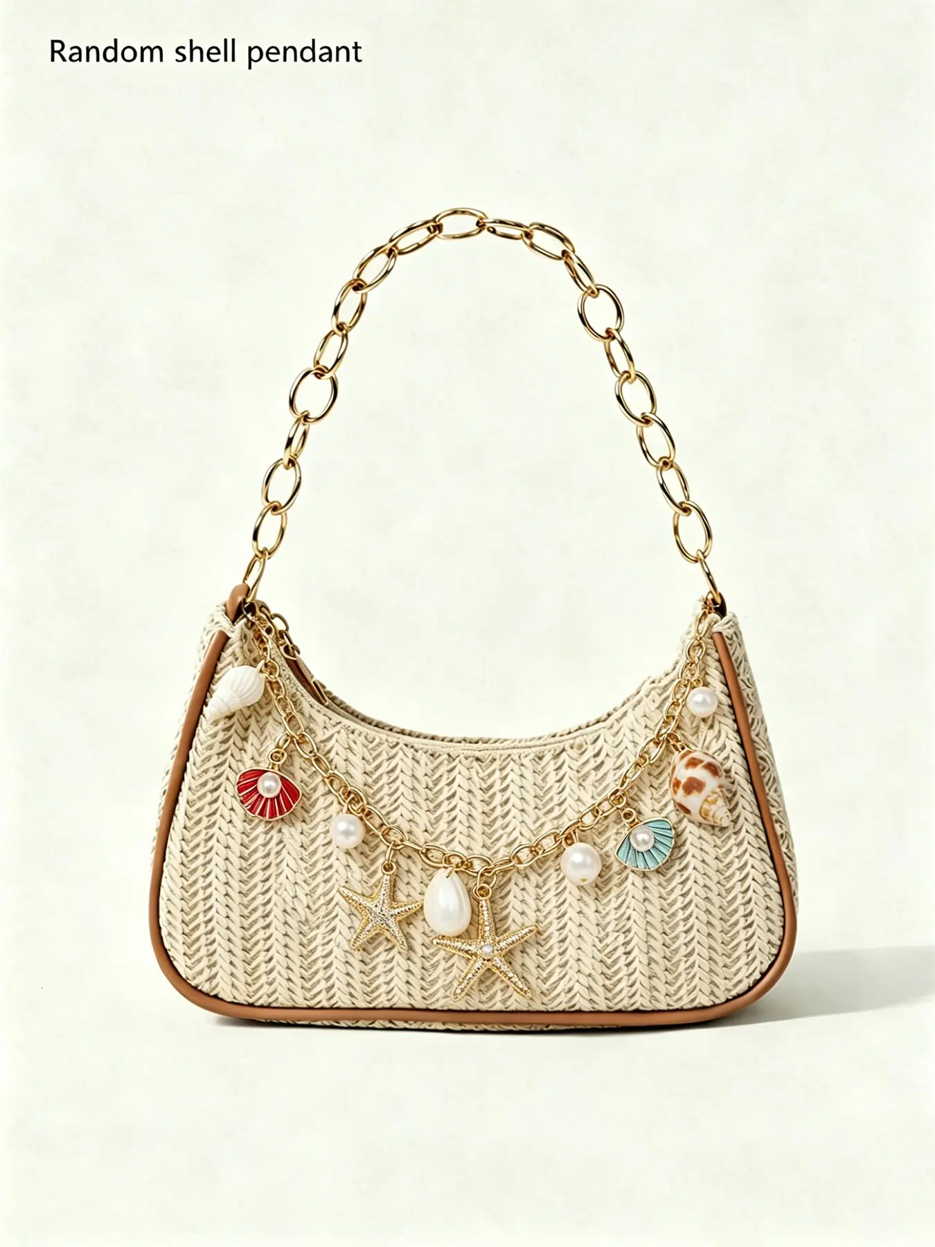 Woven armpit bag, decorated with starfish shells and pearls, chain shoulder strap design, can accommodate mobile phones, lipstick, daily travel and vacation accessory, Embellished shoulder bag, Crossbody Shoulder Bag, Fashion Crossbody Bag