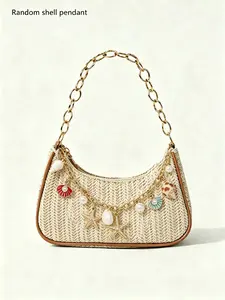 Vacation style practical texture woven armpit bag, Casual Shoulder Bag, starfish shell pearl pendant, chain shoulder strap design, fashionable retro light luxury seaside style, versatile beach date item, full of atmosphere, Vintage Shoulder Bag