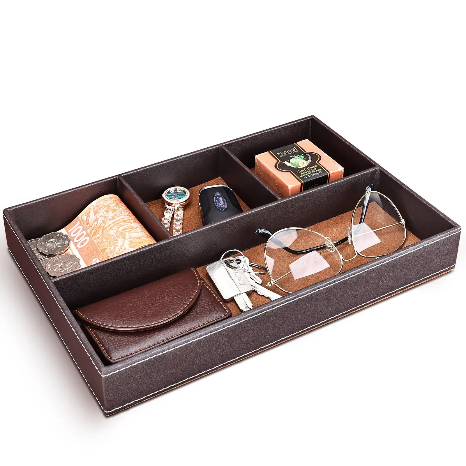 Multi-Compartment PU Leather Desktop Organizer, 1 Count Solid Color Stationery Storage Box for Home and School, Office Supplies, Office Accessories