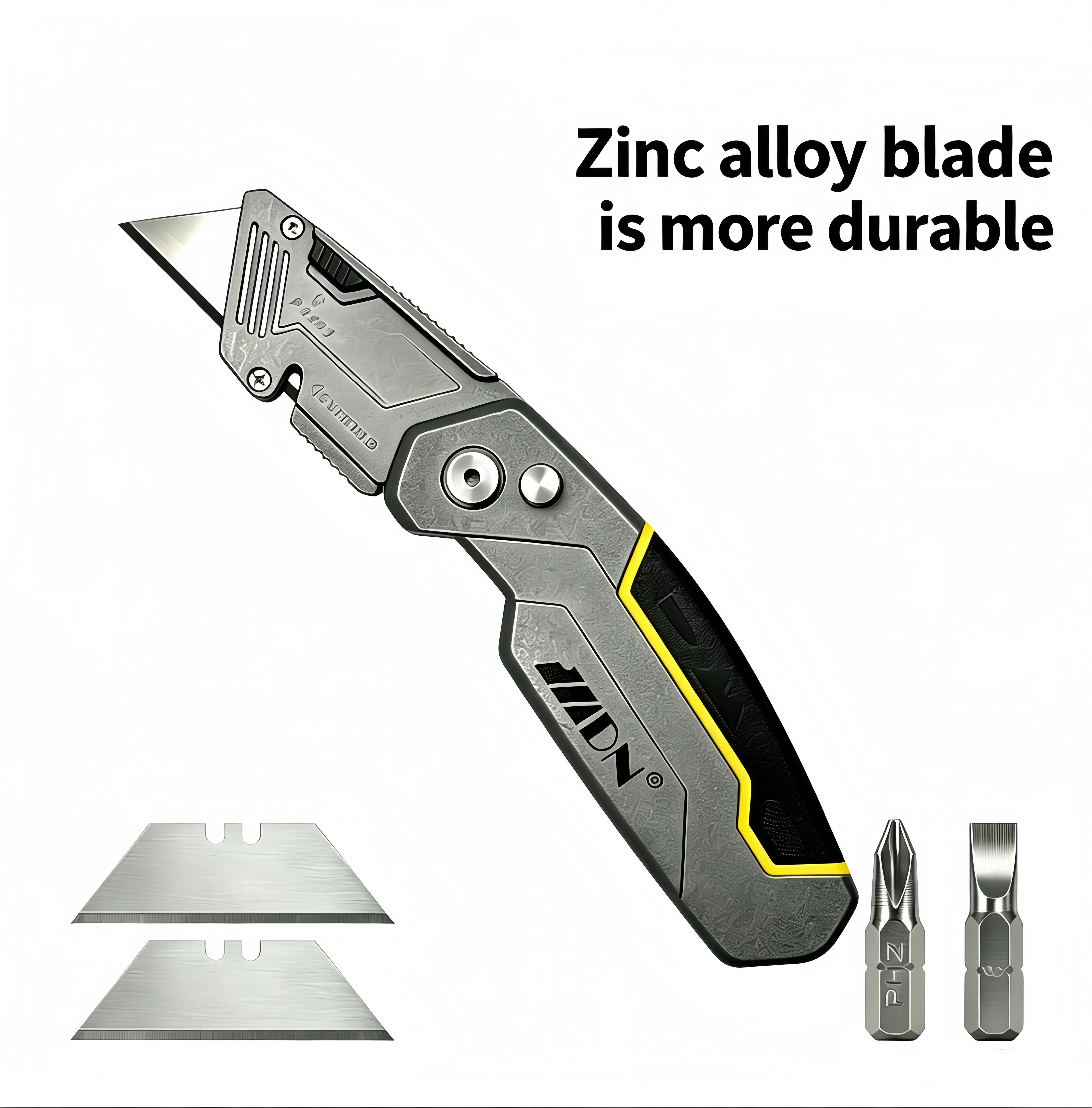 Heavy-Duty Folding Multitool - 2-in-1 Zinc Alloy Box Cutter & Screwdriver, Quick-Replace Retractable Blades, 2 Spare Blades, Built-In Flat/Cross Heads, Pocket Clip, Compact Secure Clip-On EDC Carry, Dad Gift, Cutting Tasks, DIY Maintenance