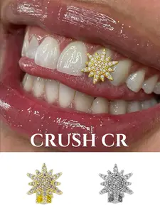 CRUSH CR 1pc 18K Gold Plated Sparkly Starburst Tooth Grillz, Prong-Set 5A CZ Stones, Gold/Silver Options, Edgy Streetwear Vibe, Perfect For Hip Hop Concerts, Club Nights & Streetwear Styling, Unisex Dental Accessory For Men & Women, Tooth Gem