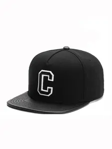 1 black flat-brim baseball cap-college style letter C embroidered PU leather hat brim with street fashion brand flat-brim hat for men and women, suitable for Outdoor spring and autumn travel, beach vacation, and giving gifts in spring.