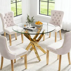 Shipping Included 36" Small Glass Dining Table for 4,Modern Kitchen Table with Golden Metal Tubular Legs & Clear Tempered Glass Top,Space-Saving Round Dinner Table for Kitchen,Dining Room & Apartment