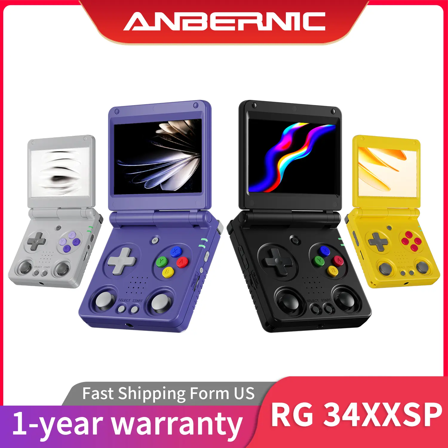 ANBERNIC RG34XXSP Rechargeable Wireless Portable Handheld Games Console with Handle, 64G Storage Preloaded 5000+ Games, 3300 mAh Battery, 30+ Simulators Support, 5G WiFi, Bluetooth, HD Display, Rechargeable Portable Console, Wireless Portable Console