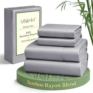 Queen Sheet Set, 4-Piece Cooling Sheets, Rayon Derived from Bamboo &, Soft &, 15" Deep Pockets with Elastic Straps, Hotel Luxury for Hot Sleepers, Silver Grey