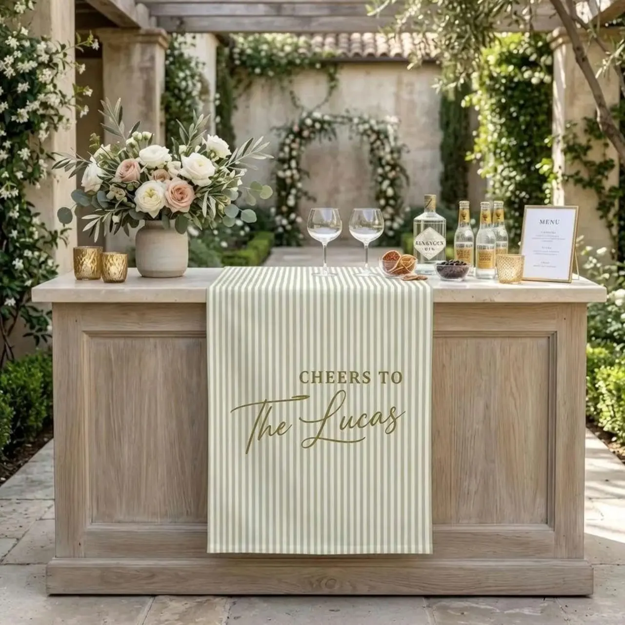Custom Striped Bar Sign, Cheers Cocktail Table Decor, Personalized Drink Table Runner, Elegant Wedding Reception Sign