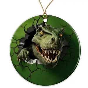 T Rex Dinosaur Ornament - Tyrannosaurus Rex Kids Room Decor - Jurassic Reptile Christmas Ornament Ceramic Ornament - 3 Inch Christmas Tree Round Ornament - Xmas Holiday Decor - String Included - ORNW0201