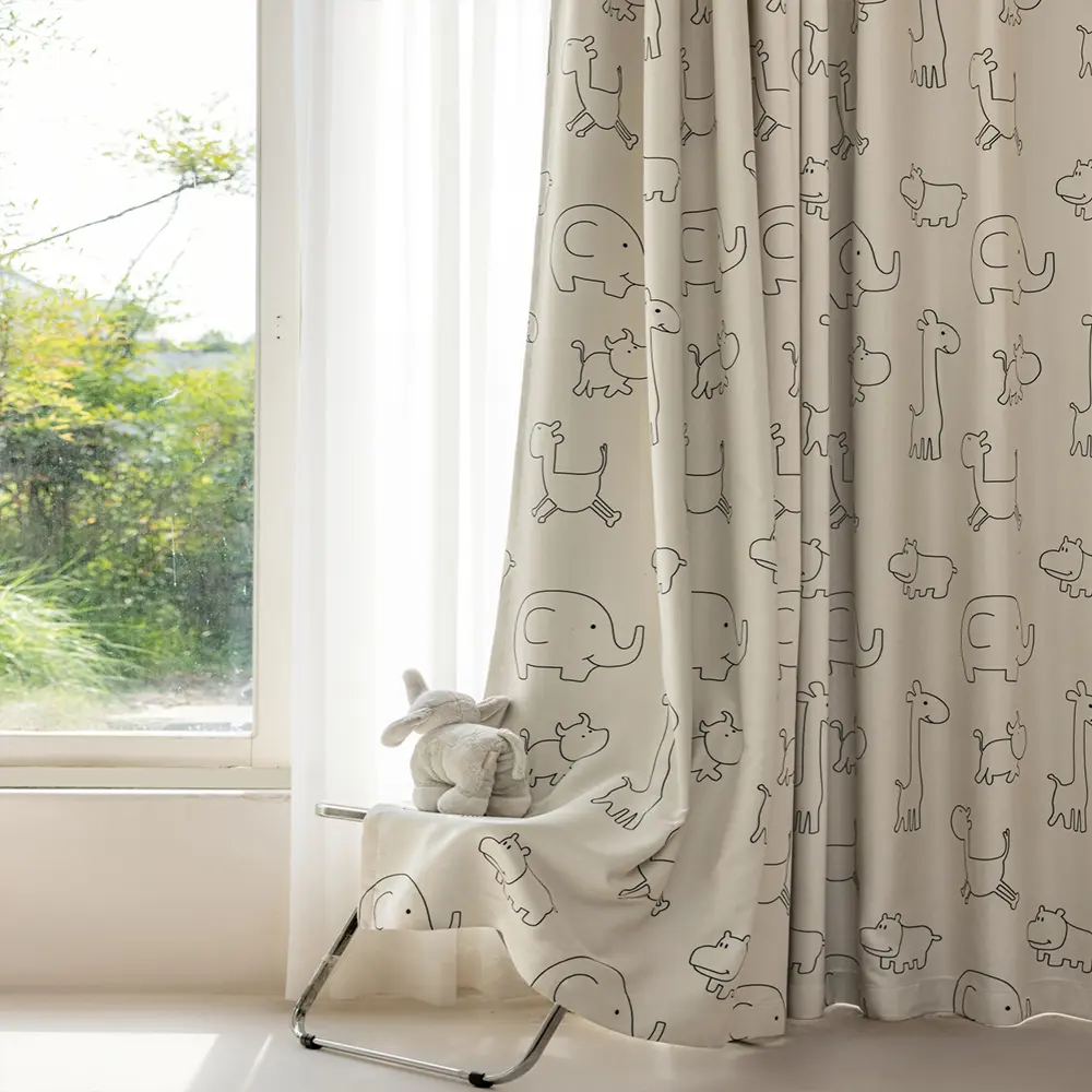 Simple Cute Cartoon Animal Print Curtain, Heat Insulation Sun Protection Drapes for Kids Room Bedroom Decor, Korean Style
