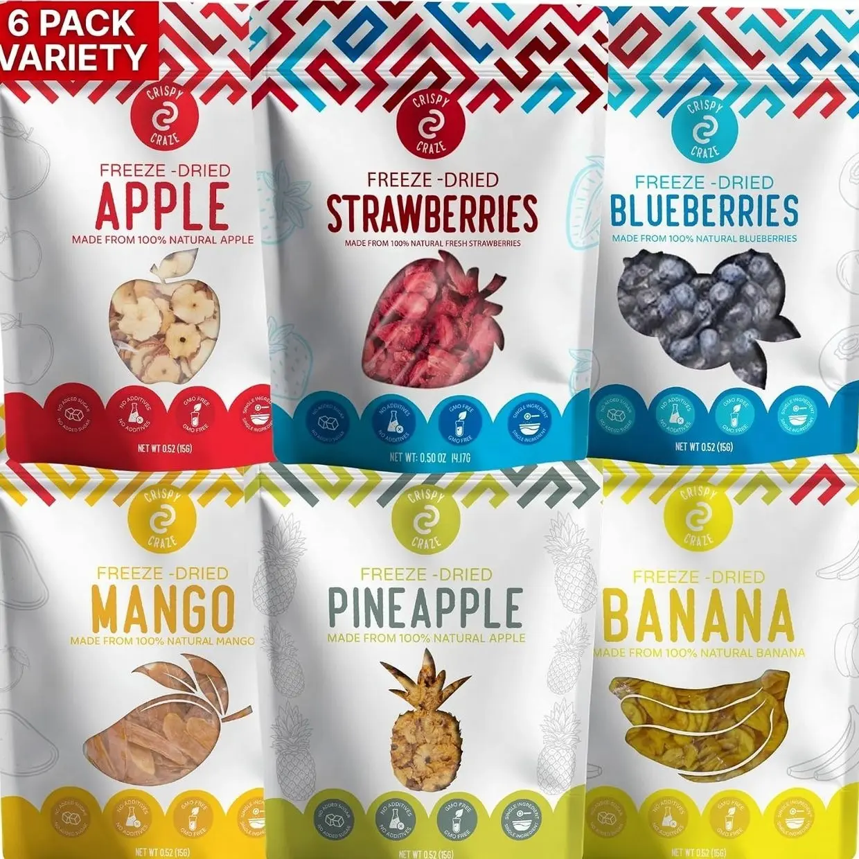 Crispy Craze Freeze Dried Fruit Variety Pack (6 Snack Sized Bags, 0.52 oz Each) Fruit Crisps, Non GMO, Healthy Snack, No Added Sugar & Additives, 100% Natural, Allergen Free, School Safe