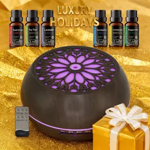 Luxury 550ml Large Room Essential Oil Diffuser with 6 Premium Oils, Remote Control, 7 Color LED, Auto Timer, Dark Wood Aroma  for Home Office Spa, Perfect Gift