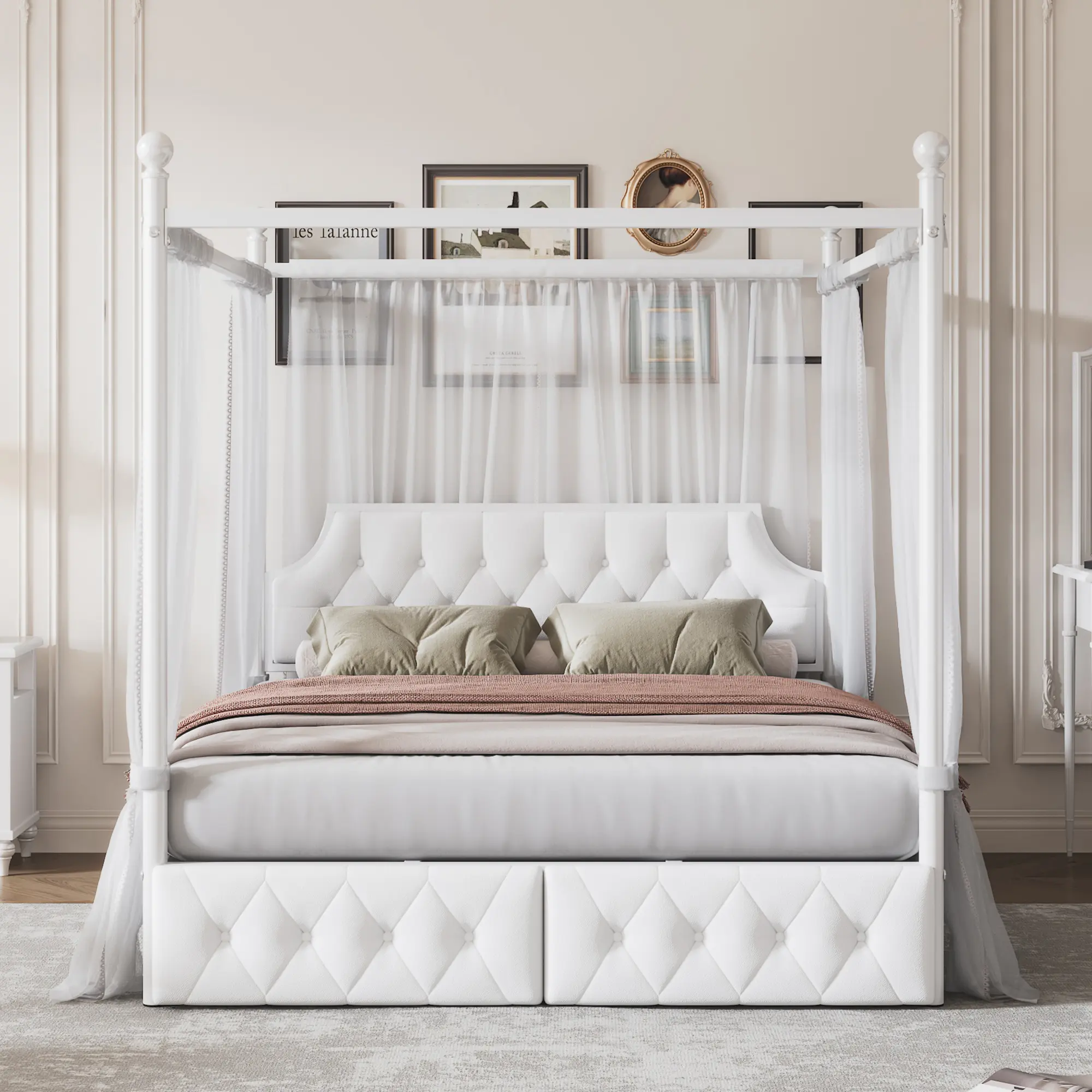 Modern Queen Size Canopy Bed with Storage Drawers and Upholstered Headboard, 4-Poster Metal Canopy Bed Frame for Adults, White, Bedroom Furniture, Platform Bed