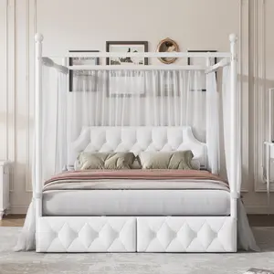 Modern Queen Size Canopy Bed with Storage Drawers and Upholstered Headboard, 4-Poster Metal Canopy Bed Frame for Adults, White
