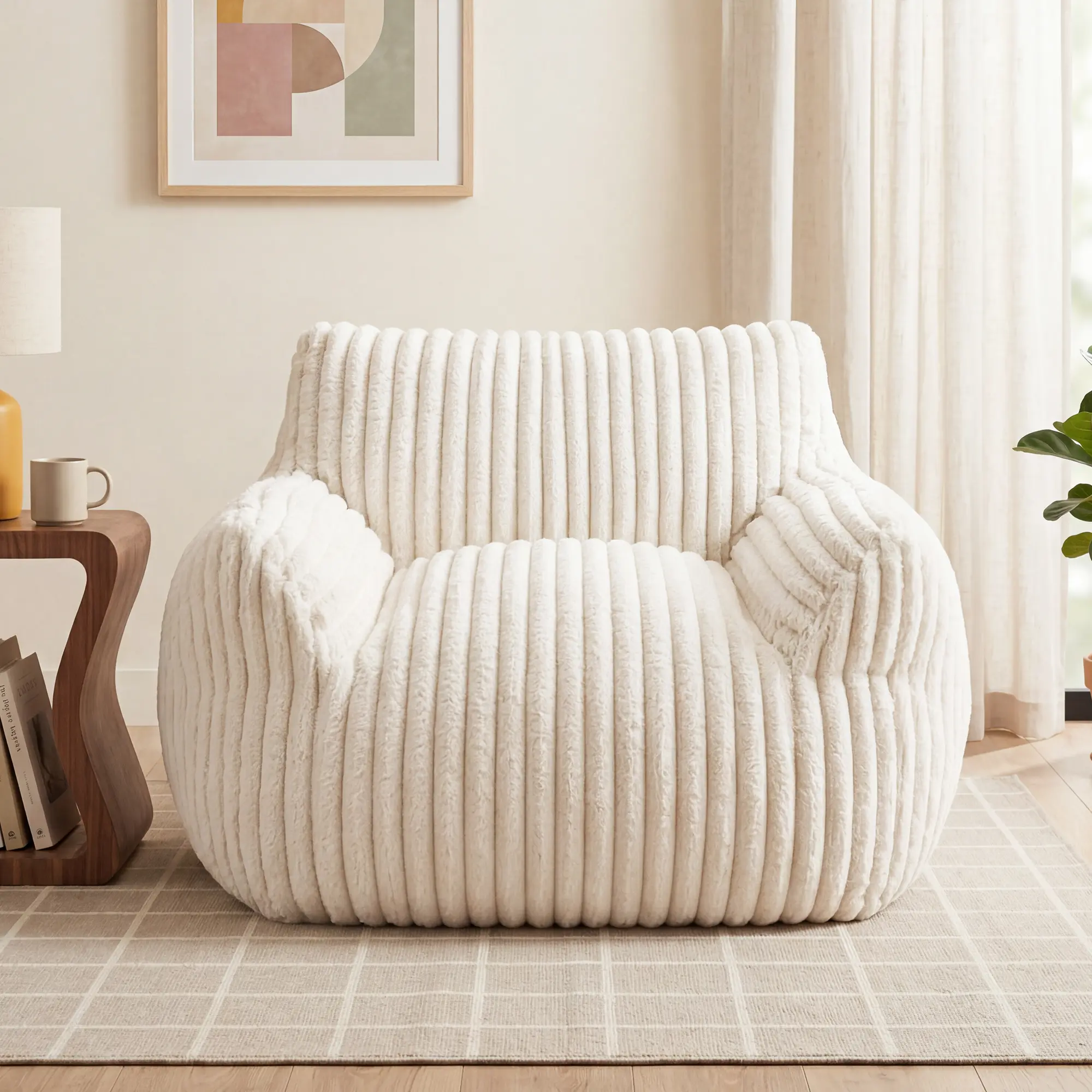 Cozy Oversized Faux Fur Accent Chair - High-Density Shredded Foam Vertical-Striped Bean Bag for Reading Nooks, Living Rooms