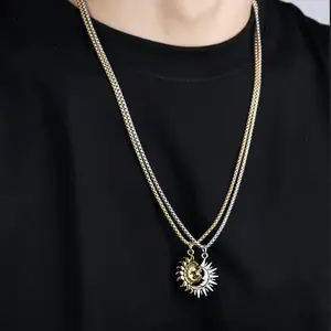 2pc/Set Sun Moon Couple Necklace Vintage Stainless Steel Asymmetrical Necklaces Pendants for Men Women Goth Jewelry