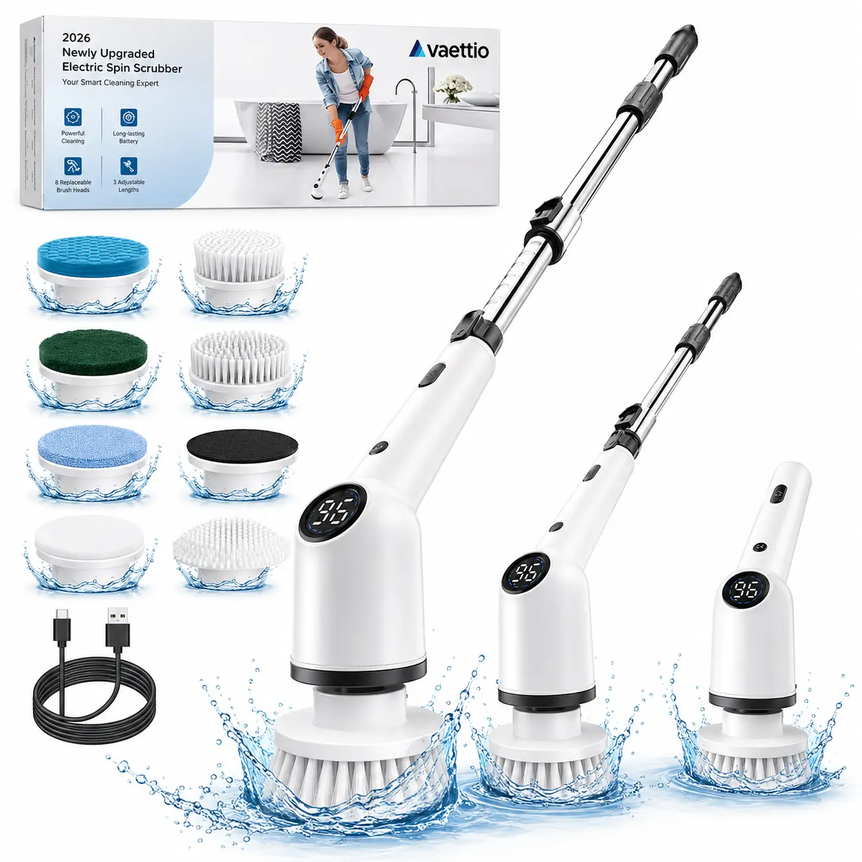 【Mother's Day Gift】Wireless Electric Spin Scrubber with USB Cable, 8 Cleaning Brushes, 2 Speeds, 48 in Adjustable Extension Handle, Battery Level Display for Car, Floor, Shower Cleaning