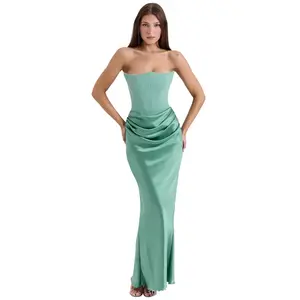Women's Formal Satin Corset Draped Maxi Dress, Polyester Fabric, Ruched Hip Skirt