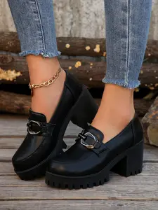New British Fashion Thick Sole Small Leather Shoes Waterproof Platform Chunky High Heels Large Size PU Leather Loafers Trendy Women's Single Shoes