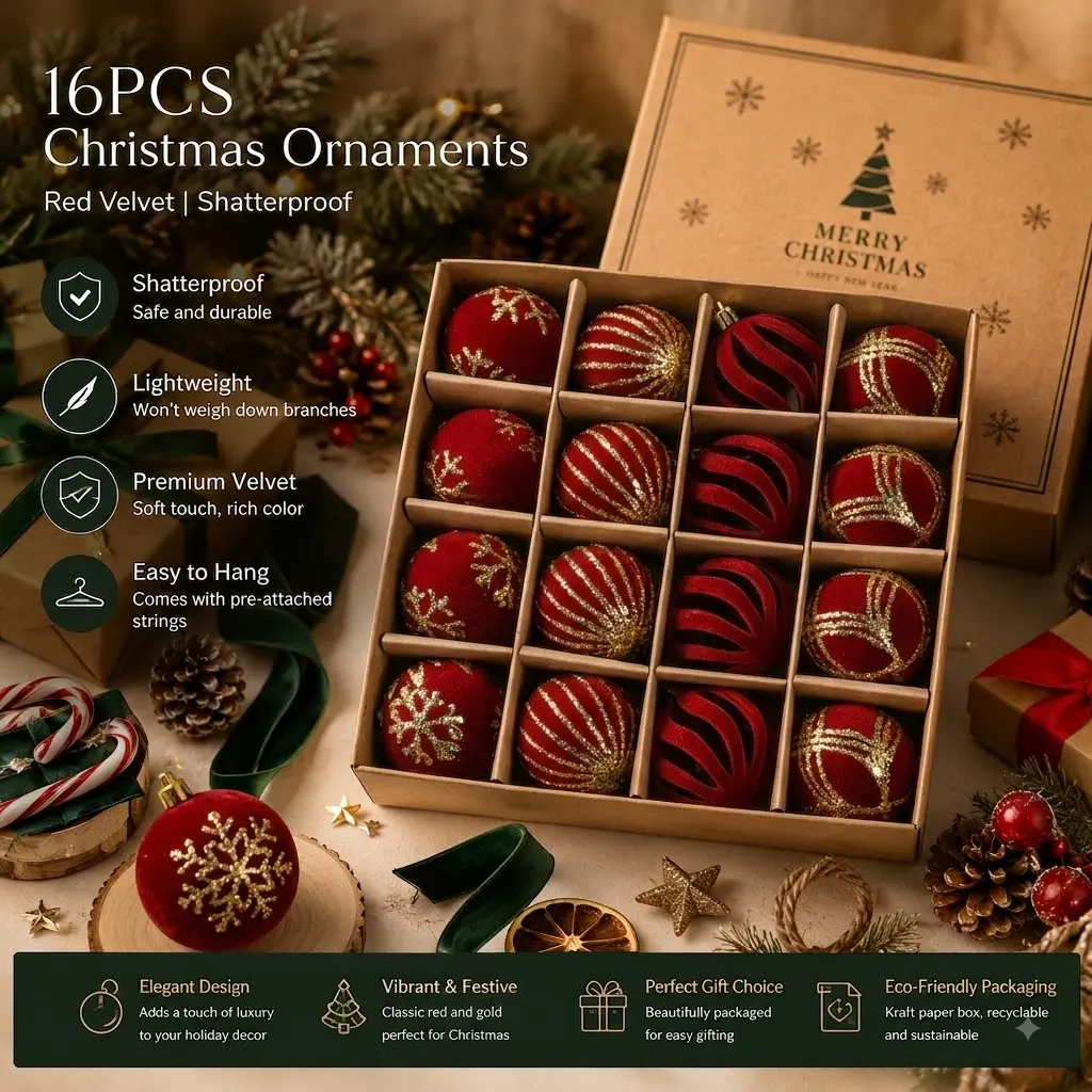 16 sets of Christmas decoration kits, retro red non-breakable ornaments, luxurious Christmas tree decorations, packed in a kraft paper gift box, available in multiple colors