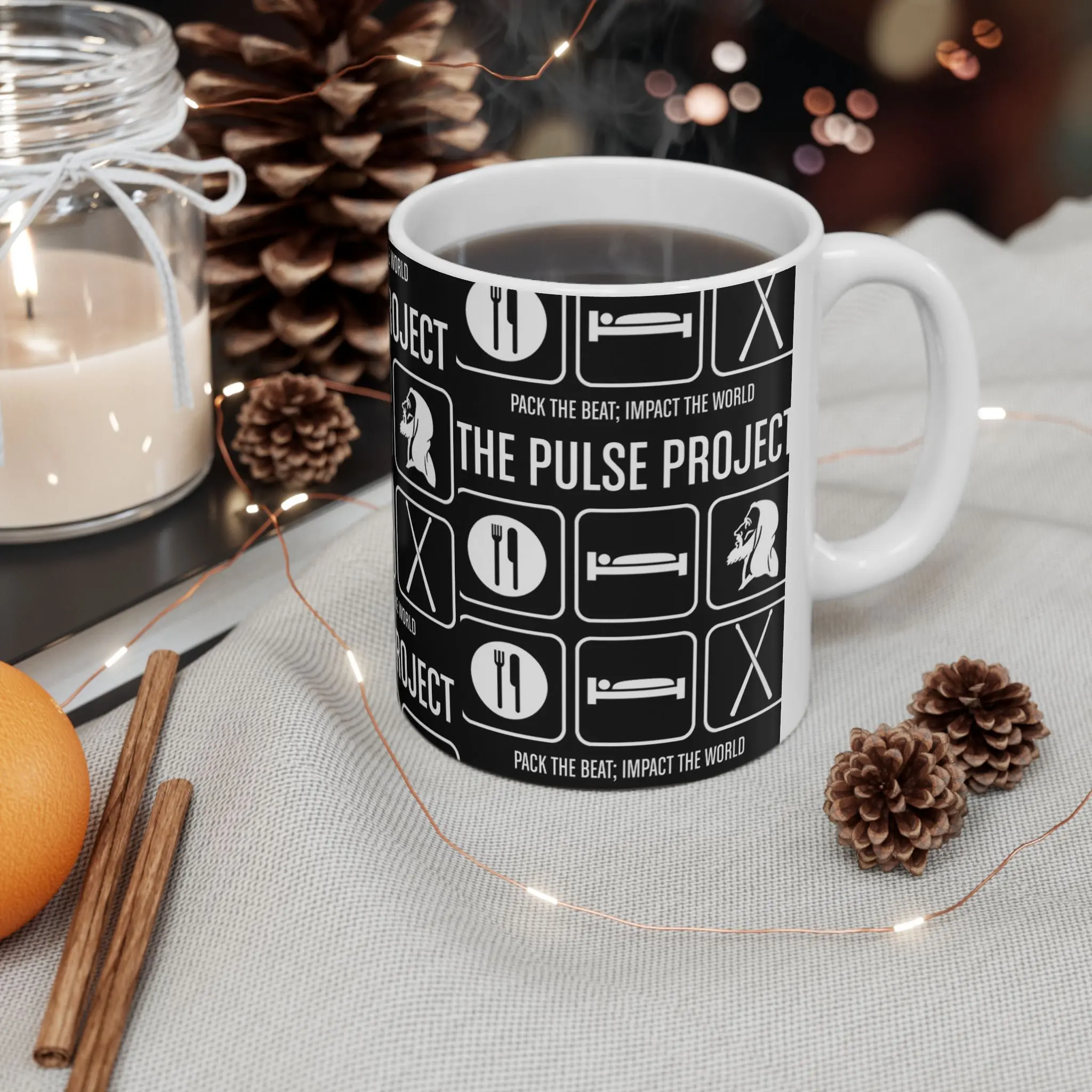 The Pulse Project Drummer's Mug | White Icon Grid Pattern Ceramic Mug