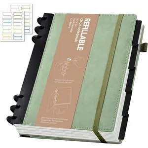 Refillable Notebooks for Work 5 Subject with Removable Dividers Tabs 224 Pages Hardcover Leather Journals for Writing Small Discbound Planner Colleged Ruled Paper for Women Men 6.1 x 8.3,Green