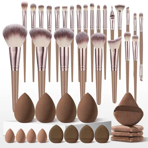 41-Piece Brown Travel Makeup Brush Collection for Foundation, Powder, Eyeshadow, Highlighting, Contouring, Include Makeup Sponges, Triangle Puffs, Water Drop Finger Puffs Beauty Tools Set
