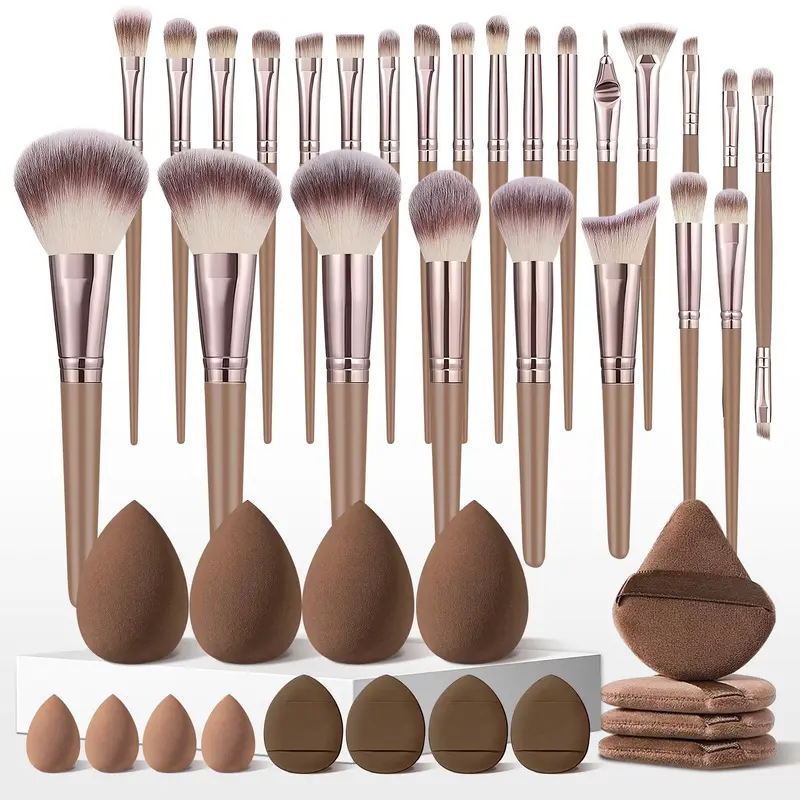 41-Piece Brown Travel Makeup Brush Collection for Foundation, Powder, Eyeshadow, Highlighting, Contouring, Include Makeup Sponges, Triangle Puffs, Water Drop Finger Puffs Beauty Tools Set