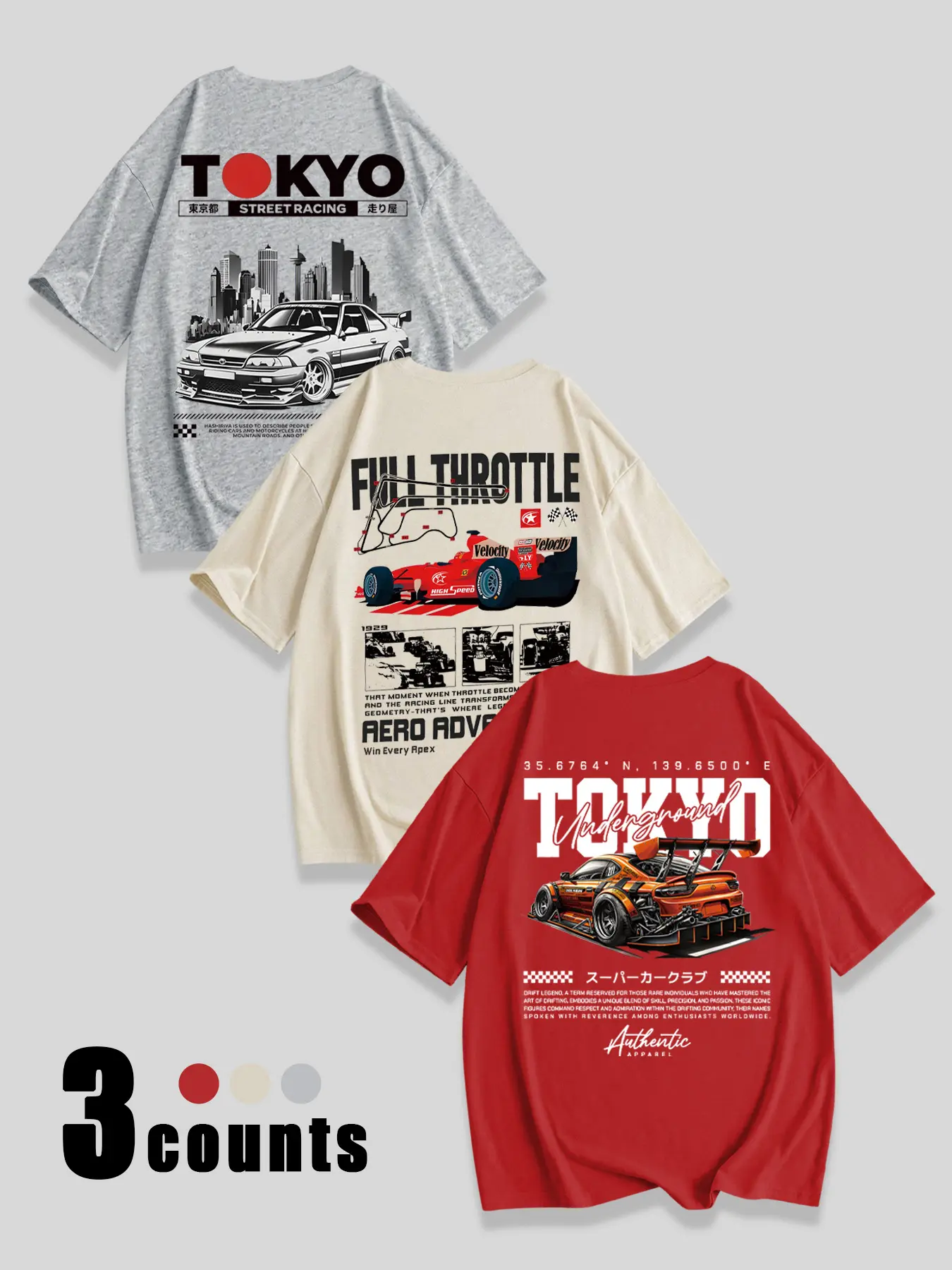 Women's Breathable Lightweight Summer Casual Streetwear Lady T-Shirt, Casual Fashion Tee, Loose Fit Round Neck Design, Car Racing Print, Everyday Wear, Fashion Comfort Versatile Top Three Pack