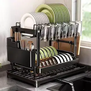Stainless Steel 2-Tier Dish Drying Rack for Kitchen Counter, Dish Rack with Utensil & Cup Holder, Compact Space-Saving Storage for Apartments and Small Kitchens