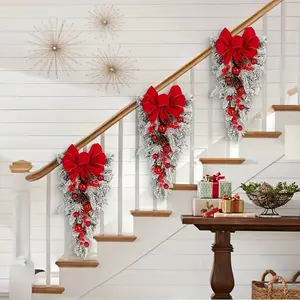 Set of 3 Christmas Wreaths, 45cm PVC Plastic Decorations, Bow Design, Wall Window Front Door Holiday Home, Hanging Decoration