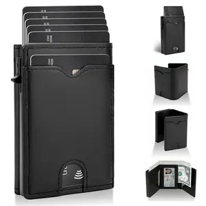 Mens Leather Card Holder Wallet, RFID Blocking Slim Minimalist Wallet, 6-9 Card Capacity, ID Window & Cash, Pop Up Front Pocket Credit Card Holder Wallet, Gifts for Men