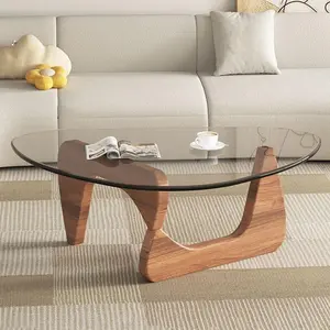 Triangle Coffee Table in Walnut Mid Century Modern Solid Wood Base & Triangle Clear Glass Top for Living Room Low Minimalist Tea Table 36 * 25.6 * 16 Log Transparent