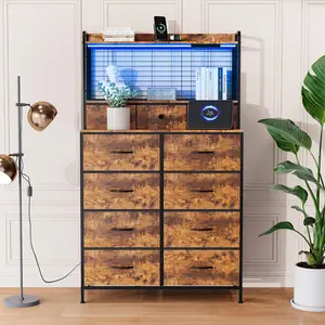 Garvee Rustic Bedroom Dresser with Charging Station and App-Controlled RGB LED Lighting, Tall Storage Organizer Featuring 11 Fabric Drawers and Anti-Tipping Design for Bedroom, Living Room, or Closet in Brown