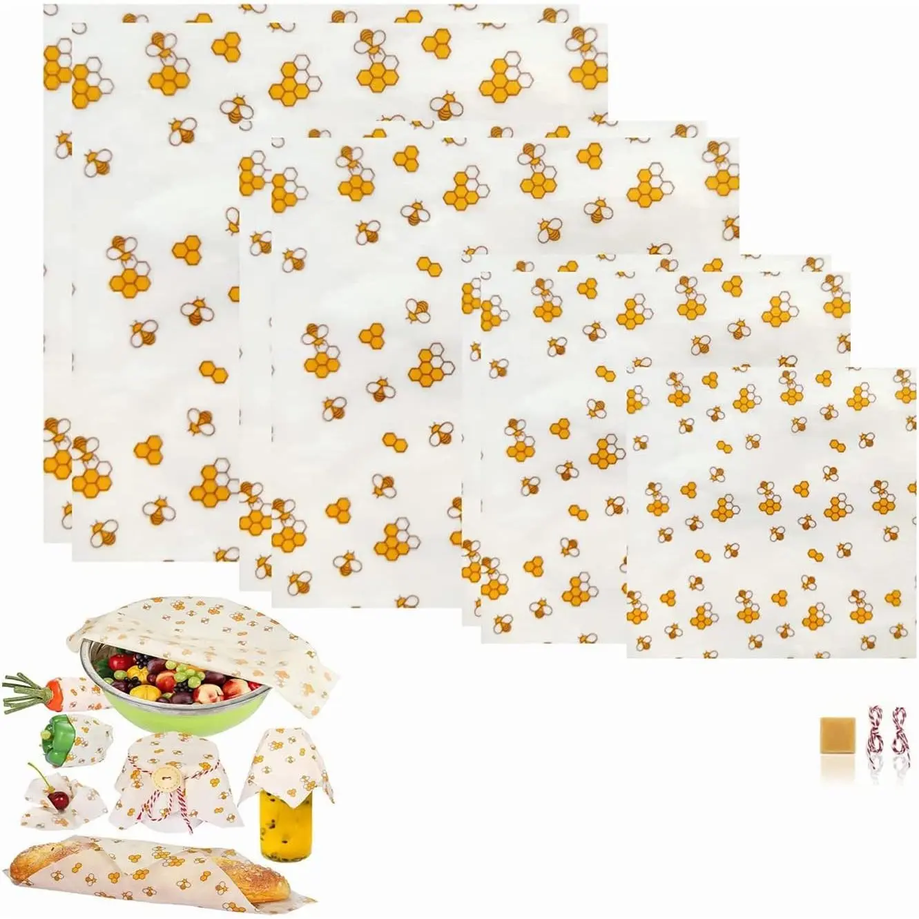 QUSEVOO Natural Reusable Multi-Size Beeswax Food Wraps (7 Wraps Set) - Aluminum-Free, BPA-Free, Durable, Easy-to-Clean Sustainable Kitchenware, Alternative to Foil & Parchment Paper for Sandwiches, Fruits, Sandwich