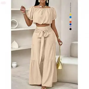 YehGoods 2026 Women's Solid Color Top & Wide Leg Pants Set, Casual Off Shoulder Top & Palazzo Pants for Summer, Clothes for Beach Holiday Vacation, Womenswear 2 piece sets for summer tiktokshopspringglowup