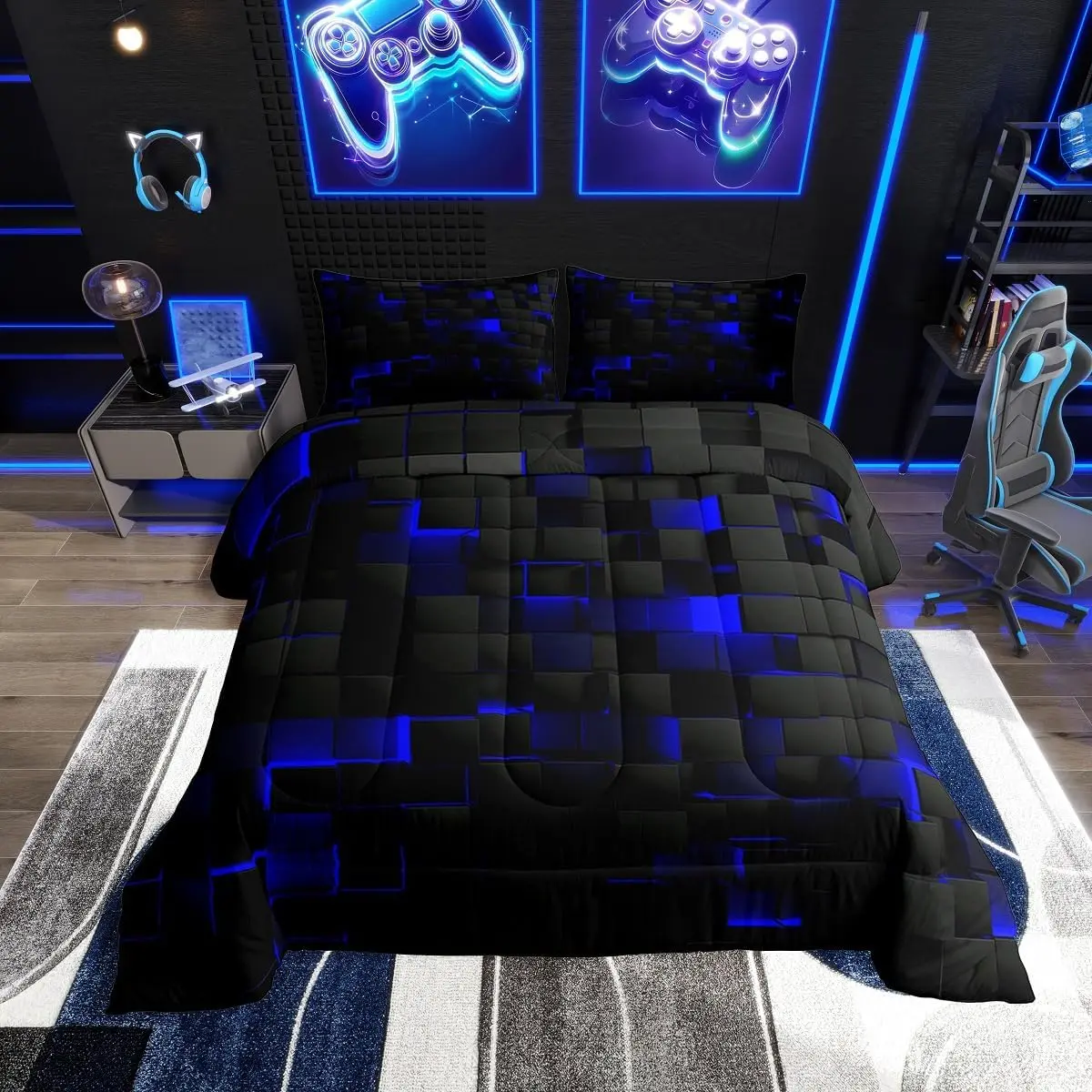 Feelyou Twin Size Comforter Set - Black, Navy, Royal Blue Soft Lightweight Breathable Blanket with Neon Geometric Checkered Stereo Grids, Gamer Abstract Design Bedding for Teen Boys, Home Decor Queen Comforter Set Option, Quilt Bedding Set, Soft Bed Blank