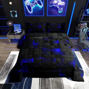 Black Navy Royal Blue Comforter Set,Neon Geometric Checkered Bedding Set for Teen Boys,Gamer Abstract Stereoscopic Grids Square Plaid Check Bed Set