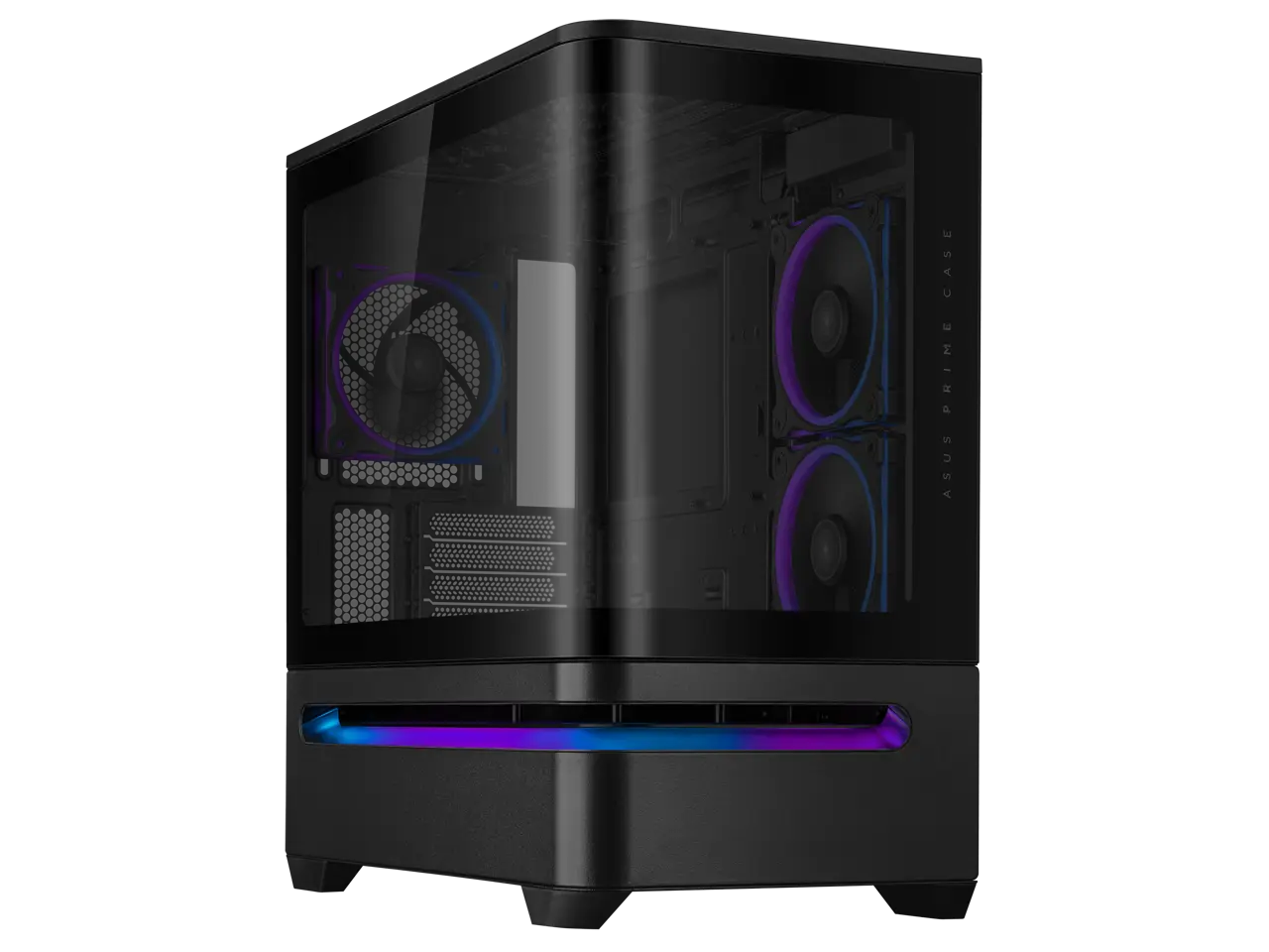 ASUS Prime AP202 ARGB Black mATX case with fully tempered curved glass, supports graphics cards up to 420mm long, 360mm long radiators, easy-detach rail, patented slot vent, built-in three ARGB fans